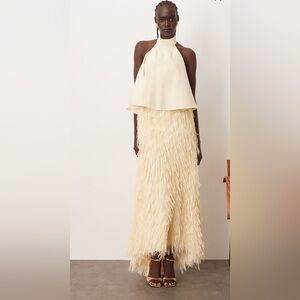 ARRANGE hybrid halter trapeze fringe skirt maxi dress in winter white